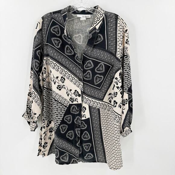 Lucy & Laurel Black Cream Printed 3/4 Sleeve Linen Button-Up Top Women's Size 1X - Picture 1 of 11